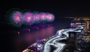Spectacular fireworks display illuminating a vibrant waterfront city at night, capturing festive urban life.